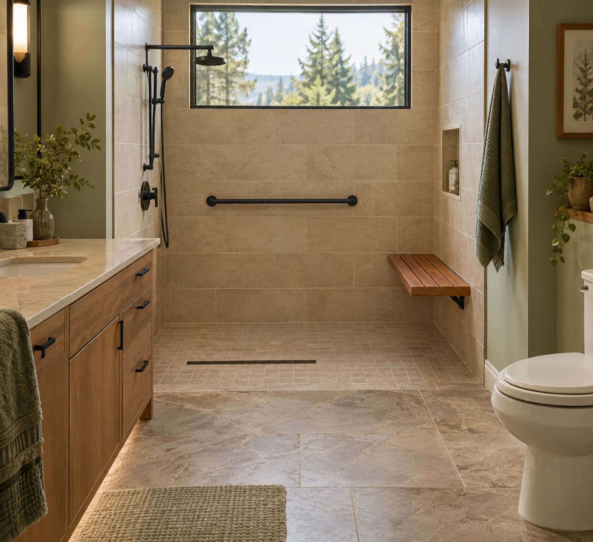 A curbless walk-in shower with a wall-mounted grab bar and teak bench