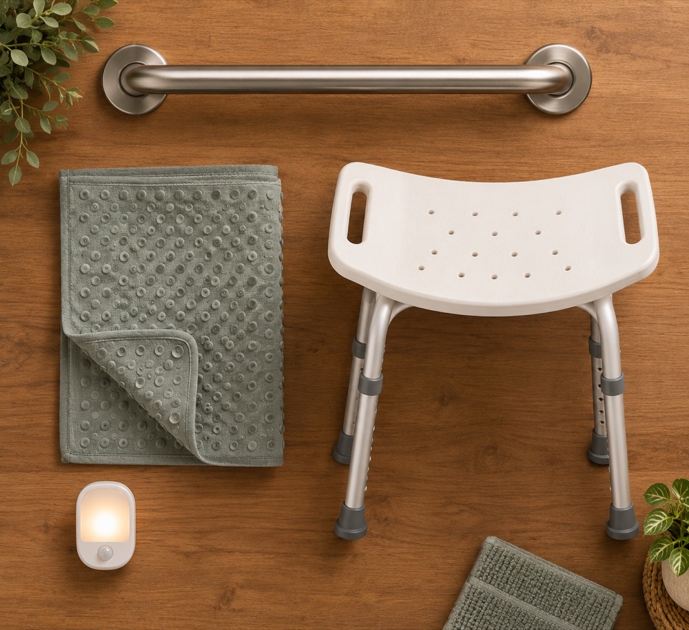 A grab bar, non-slip bath mat, shower chair, and motion-sensor night light arranged on a wood surface