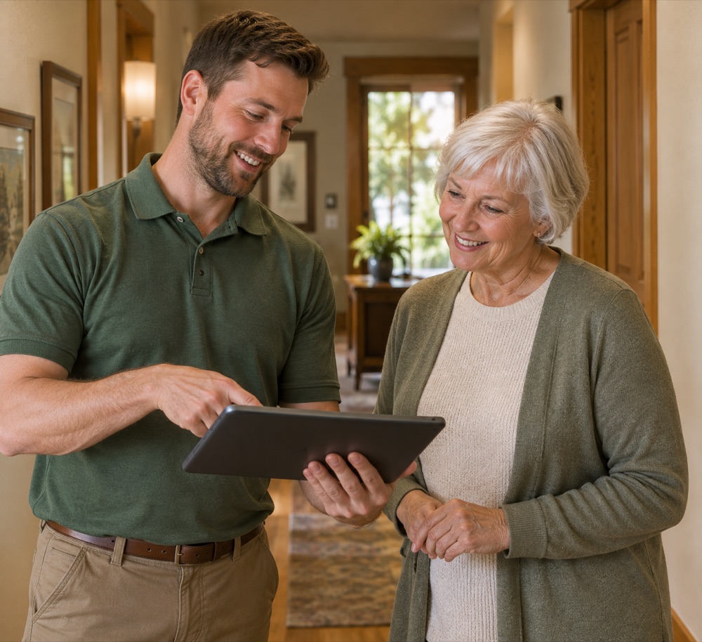 A contractor showing renovation plans on a tablet to a homeowner in her hallway