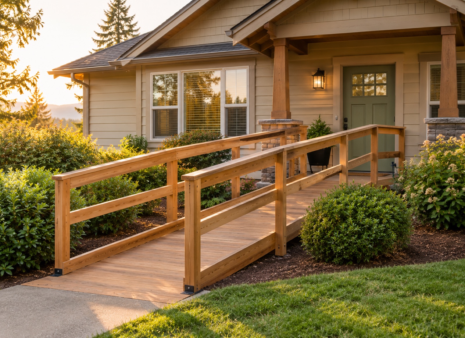A wooden wheelchair ramp with handrails leading to a home's front entrance