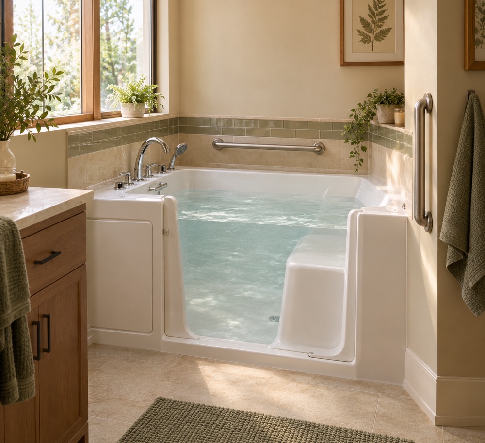 A walk-in bathtub with a low entry threshold, built-in seat, and wall-mounted grab bar